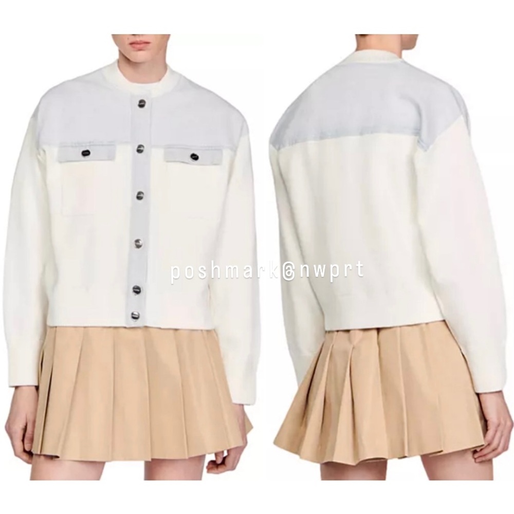 Sandro Blue and White Cardigan Sweater